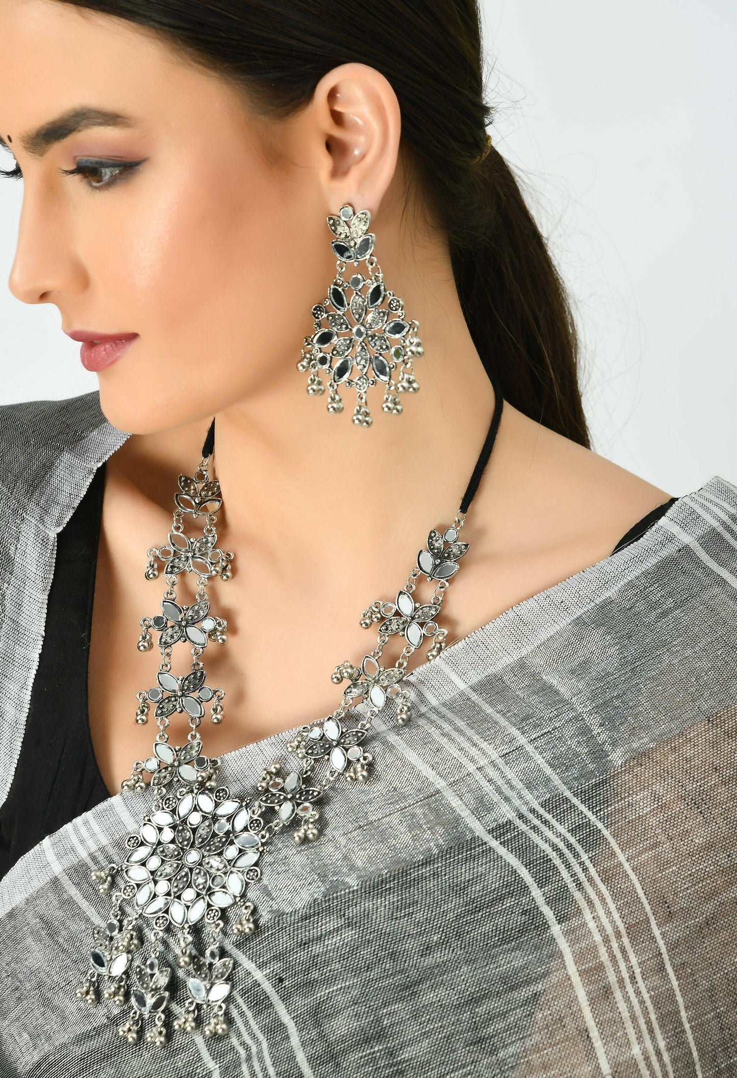 Mominos Fashion Johar Kamal Oxidised Silver-Plated Mirror Work Long Necklace Set