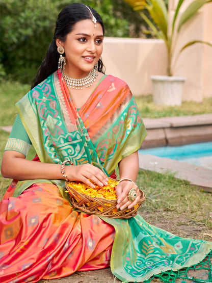 Anaita Coral Silk Saree With Blouse Piece