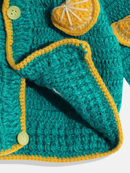 Chutput Kids Woollen Hand Knitted Full Sleeves Toffee Detail Sweater For Baby Girls With Cap - Green