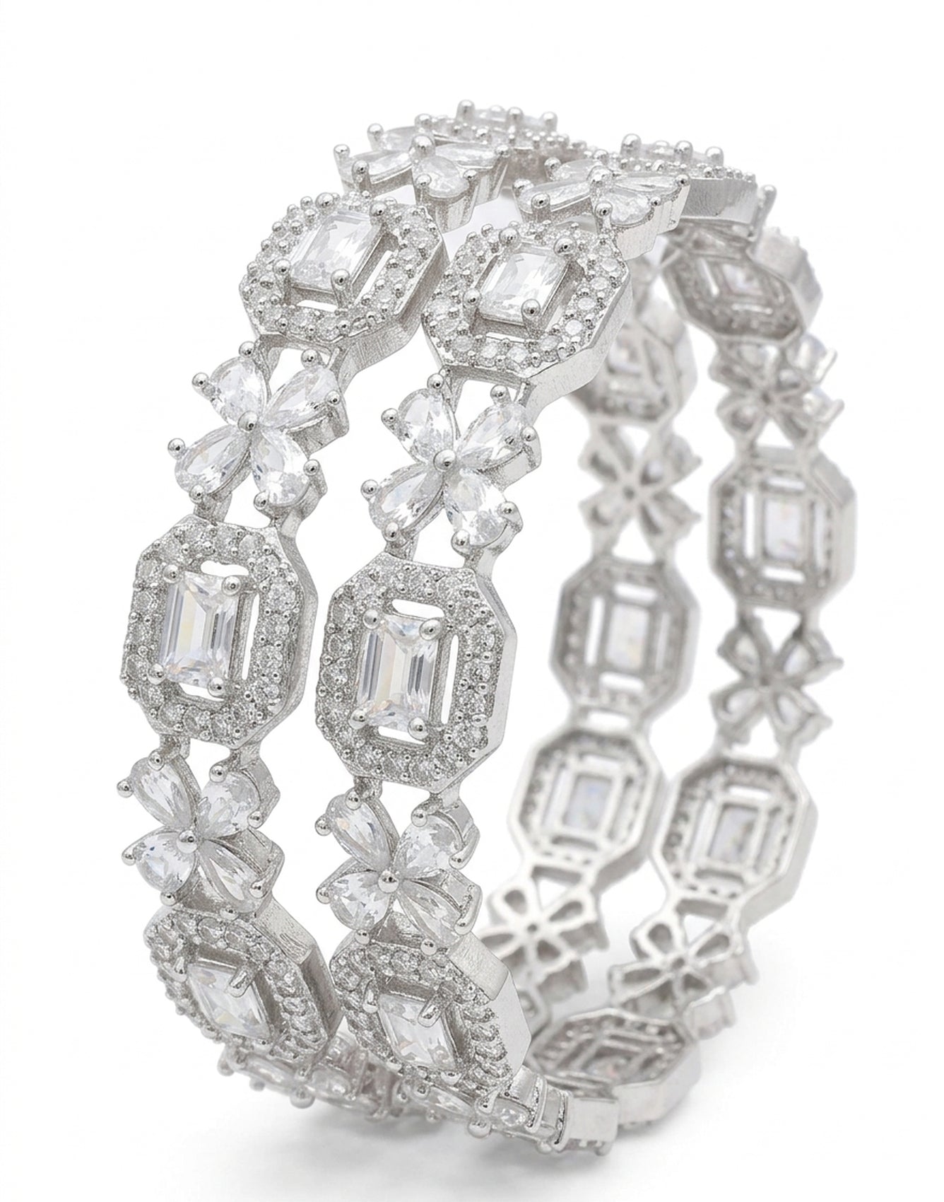 Jewel City Exquisite Emerald & Diamond Rhodium-Plated Floral Kada White Bangles - Handcrafted Ethnic Jewelry for Weddings