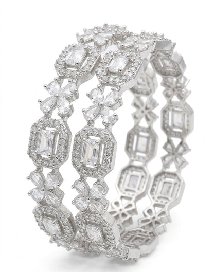 Jewel City Exquisite Emerald & Diamond Rhodium-Plated Floral Kada White Bangles - Handcrafted Ethnic Jewelry for Weddings