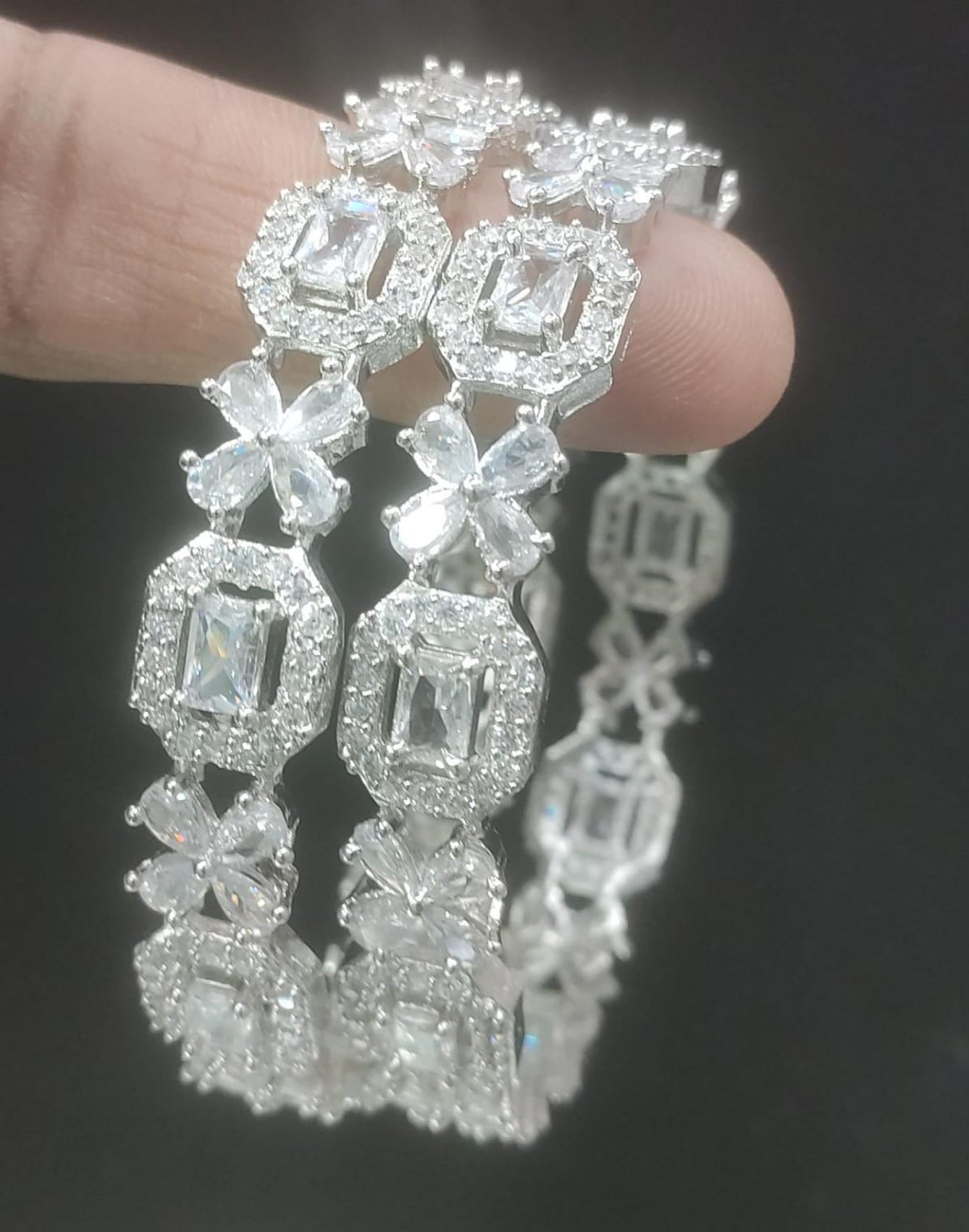 Jewel City Exquisite Emerald & Diamond Rhodium-Plated Floral Kada White Bangles - Handcrafted Ethnic Jewelry for Weddings