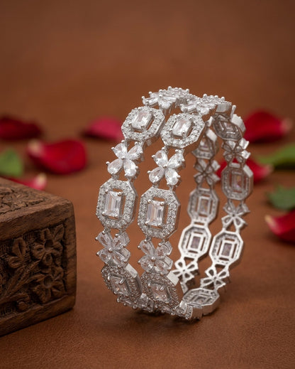 Jewel City Exquisite Emerald & Diamond Rhodium-Plated Floral Kada White Bangles - Handcrafted Ethnic Jewelry for Weddings