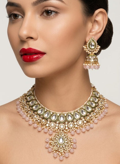 Jewel City Handcrafted Traditional Gold-Plated Kundan Bridal Jewelry Set with Maang Tikka & Jhumka Earrings