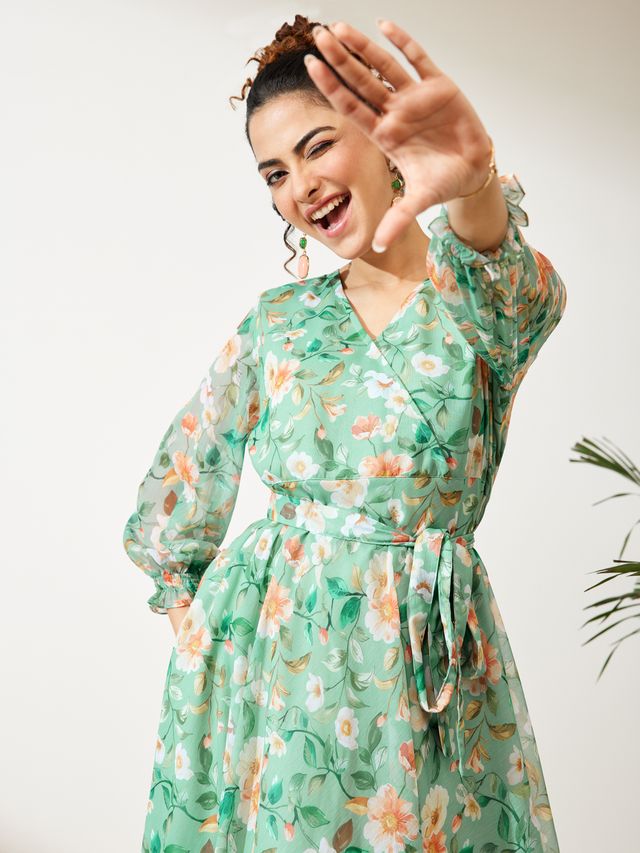 Janasya Mint Fit & Flare Chiffon Dress