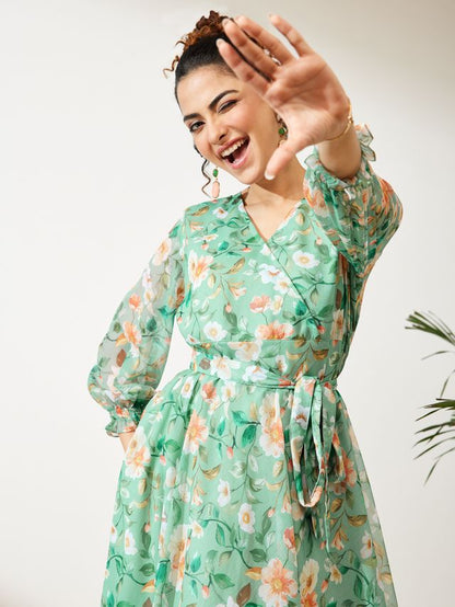 Janasya Mint Fit & Flare Chiffon Dress