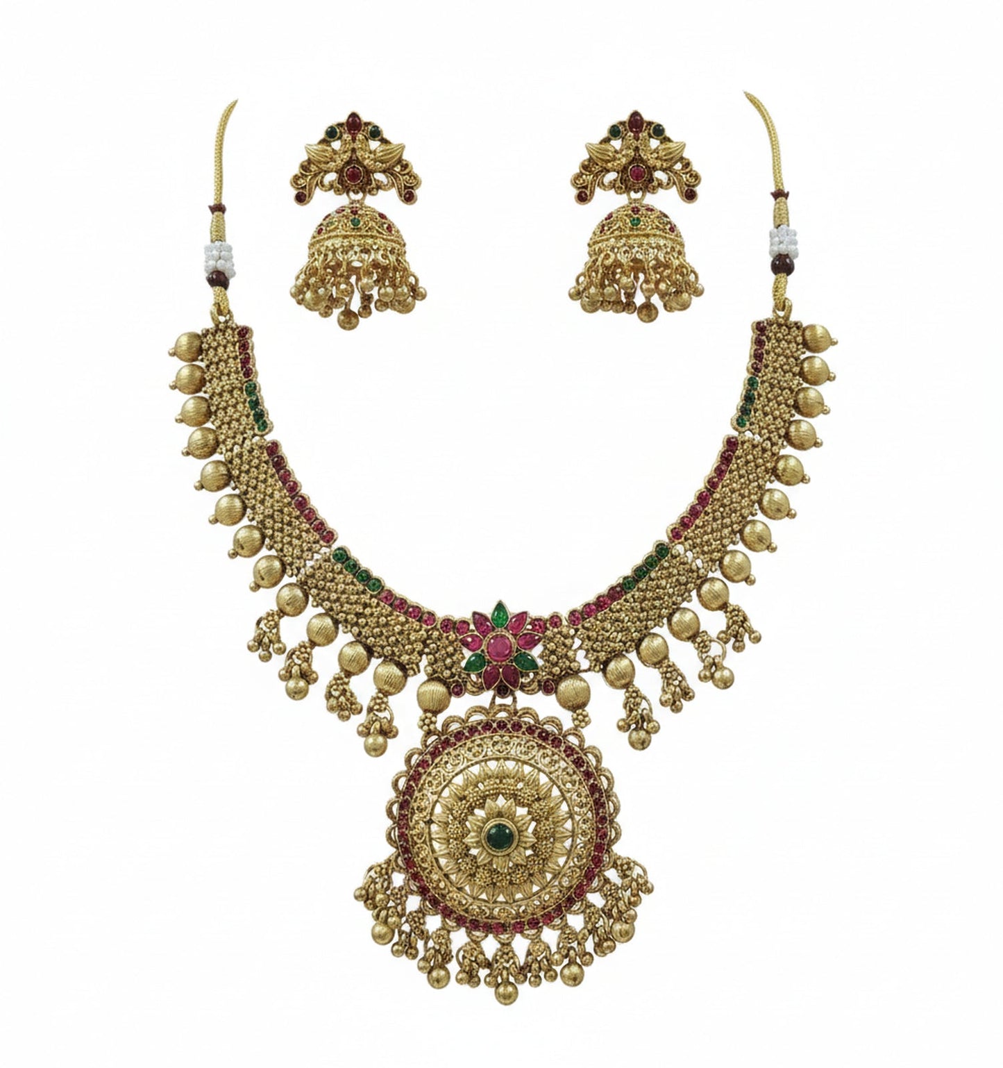 Jewel City Traditional Gold-Plated Temple Necklace Set with Jhumka Earrings for Bridal & Festive Wear