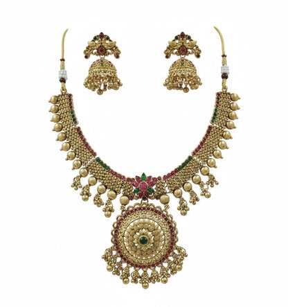 Jewel City Traditional Gold-Plated Temple Necklace Set with Jhumka Earrings for Bridal & Festive Wear