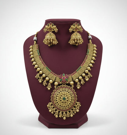 Jewel City Traditional Gold-Plated Temple Necklace Set with Jhumka Earrings for Bridal & Festive Wear