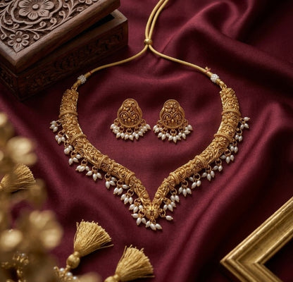 Jewel City Handcrafted Traditional Gold-Plated Choker Necklace Set with Pearl Drops - Ethnic Jewelry for Weddings