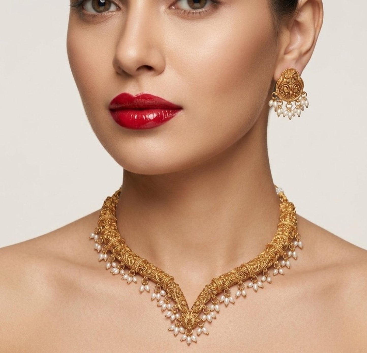 Jewel City Handcrafted Traditional Gold-Plated Choker Necklace Set with Pearl Drops - Ethnic Jewelry for Weddings