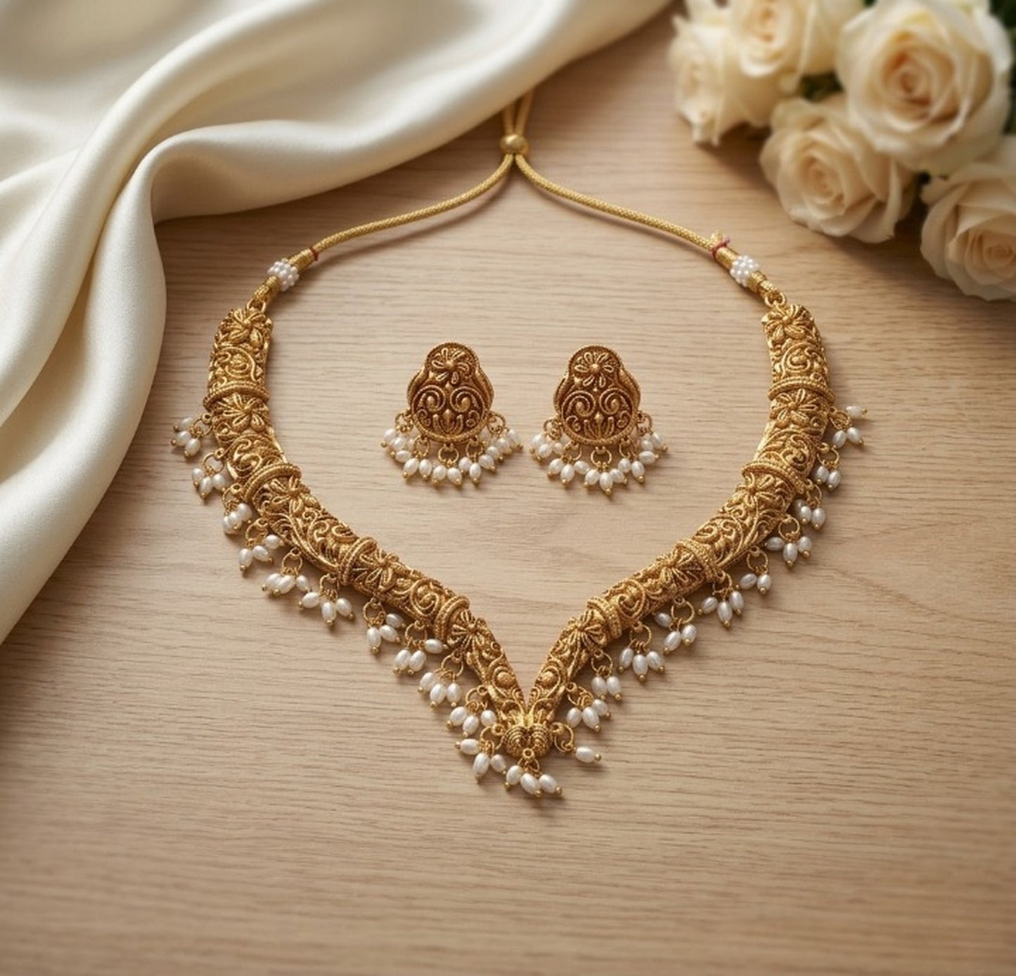 Jewel City Handcrafted Traditional Gold-Plated Choker Necklace Set with Pearl Drops - Ethnic Jewelry for Weddings