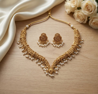 Jewel City Handcrafted Traditional Gold-Plated Choker Necklace Set with Pearl Drops - Ethnic Jewelry for Weddings