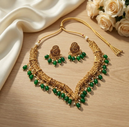 Jewel City Handcrafted Traditional Gold-Plated Choker Necklace Set with Pearl Drops - Ethnic Jewelry for Weddings