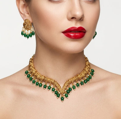 Jewel City Handcrafted Traditional Gold-Plated Choker Necklace Set with Pearl Drops - Ethnic Jewelry for Weddings