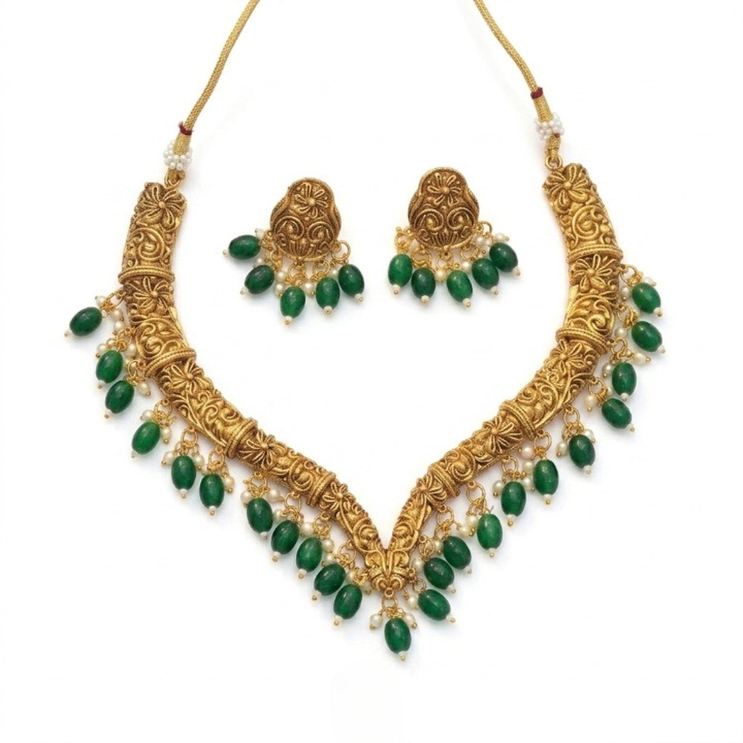 Jewel City Handcrafted Traditional Gold-Plated Choker Necklace Set with Pearl Drops - Ethnic Jewelry for Weddings