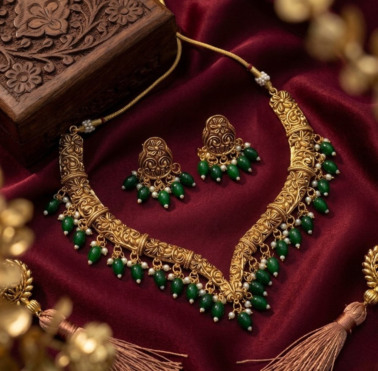Jewel City Handcrafted Traditional Gold-Plated Choker Necklace Set with Pearl Drops - Ethnic Jewelry for Weddings