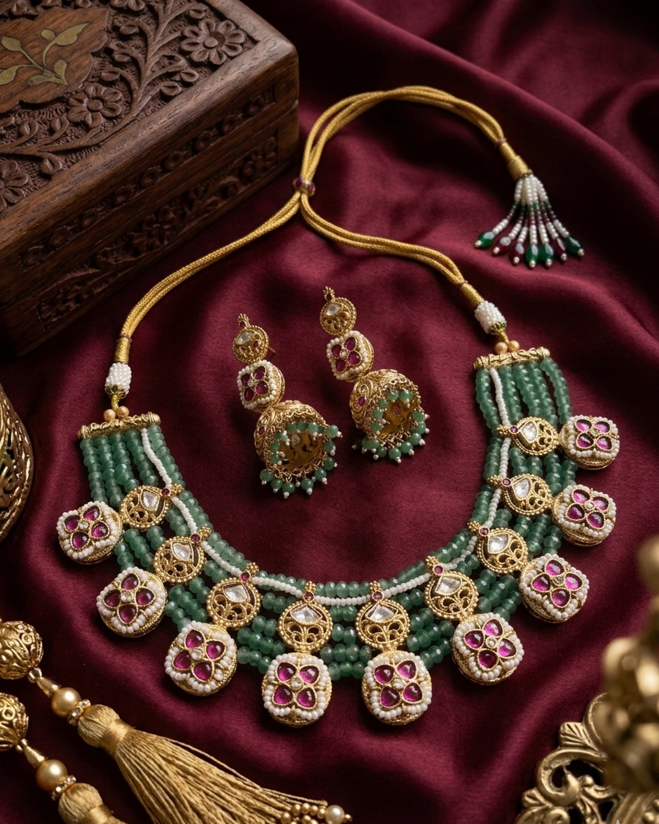 Jewel City Traditional Polki & Green Beaded Choker Necklace Set with Jhumka Earrings | Gold-Plated Ethnic Bridal Jewelry