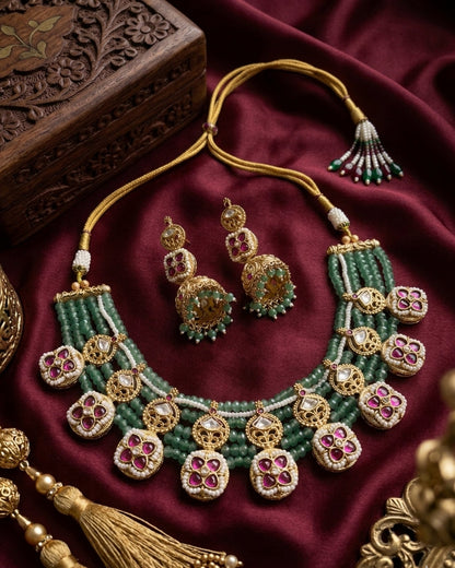 Jewel City Traditional Polki & Green Beaded Choker Necklace Set with Jhumka Earrings | Gold-Plated Ethnic Bridal Jewelry