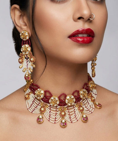 Jewel City Handcrafted Kundan & Ruby Bead Choker Set | Traditional Indian Gold-Plated Bridal Jewelry