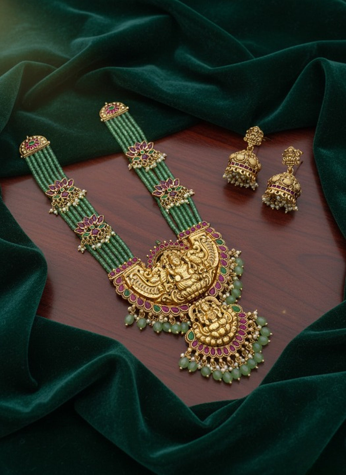 Jewel City Traditional Lakshmi Temple Long Haram Necklace Set for Women | Gold-Plated Pearl, Ruby & Green Stone Bridal Jewellery