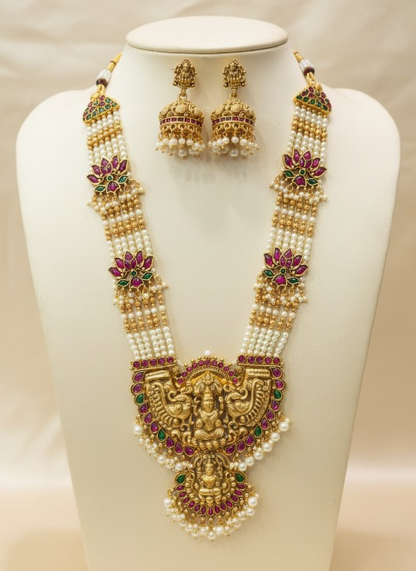 Jewel City Traditional Lakshmi Temple Long Haram Necklace Set for Women | Gold-Plated Pearl, Ruby & Green Stone Bridal Jewellery