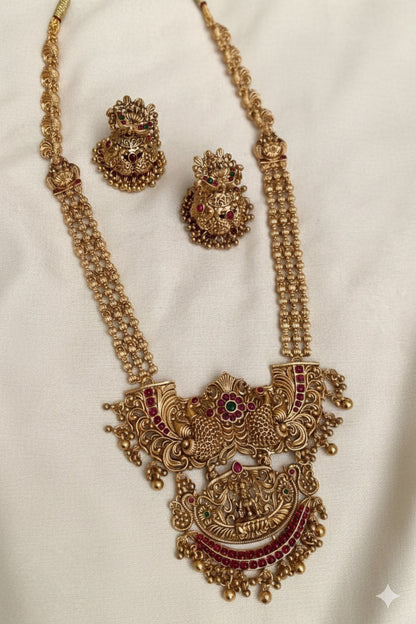 Jewel City Traditional Temple Lakshmi Long Necklace Set with Jhumka Earrings | Gold-Plated Bridal Jewellery