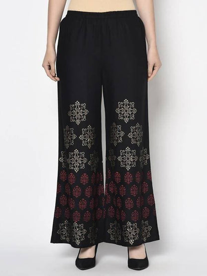 Aniyah Rayon Black Color Block Print Flared Slip-On Palazzo (AN-188K)