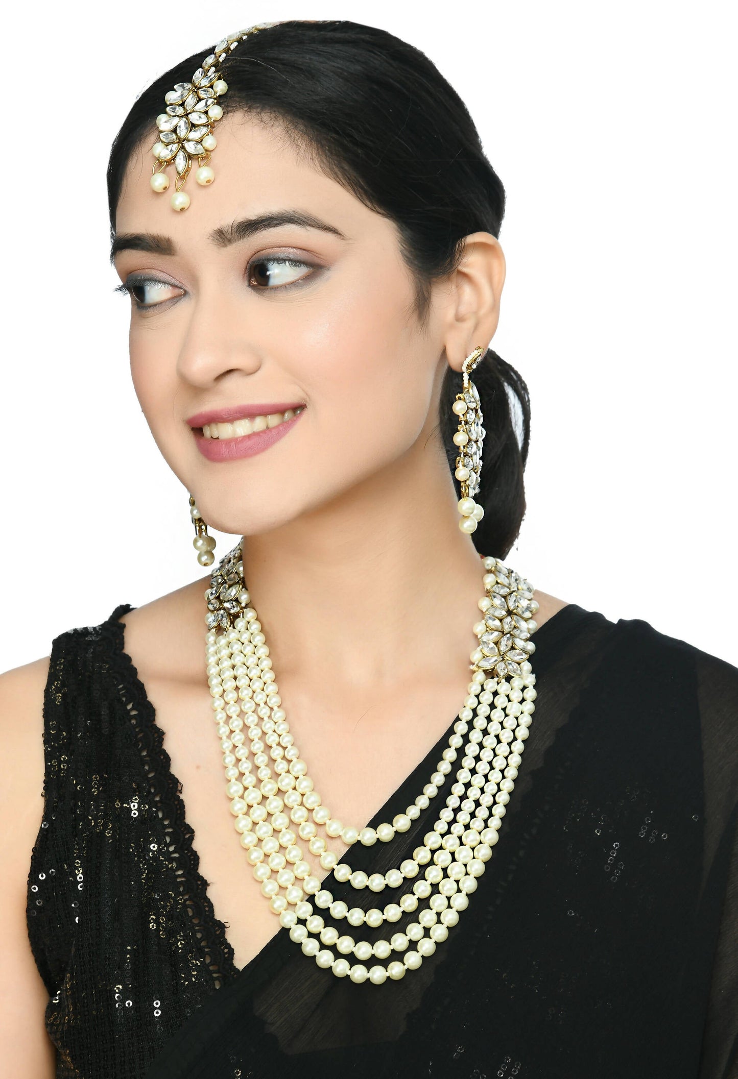 Mominos Fashion Johar Kamal Gold-Polished Rani Haar with White and Off white Pearls Jewellery Set