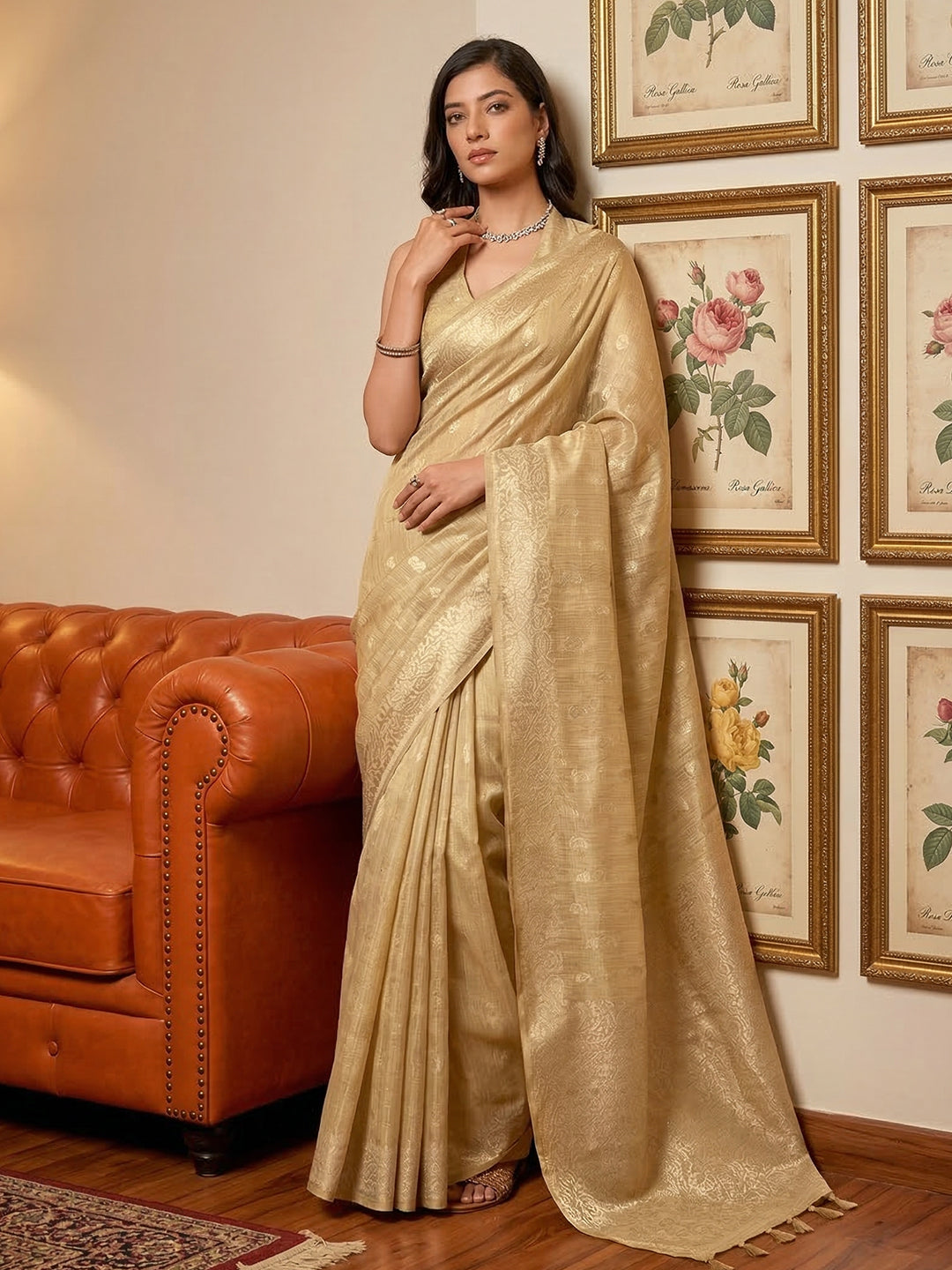 Anaita Cream Woven Tissue Silk Saree With Blouse