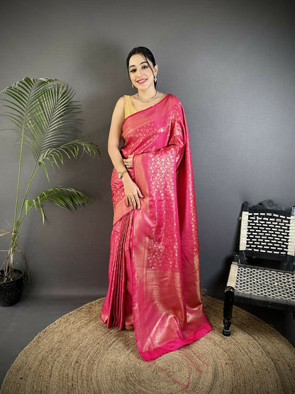 Joban Fashion Rani Pink Floral & Paisley Motifs Soft Satin Silk Banarasi Saree