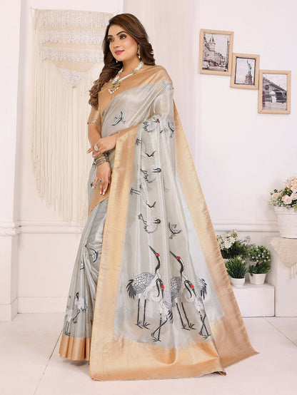 Joban Fashion Golden Cranes Patterns Banarasi Silk Sarees