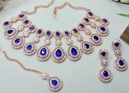 Jewel City Rose Gold-Plated Necklace Set with Earrings & Maang Tikka for Women – Sparkling Bridal Party Jewelry