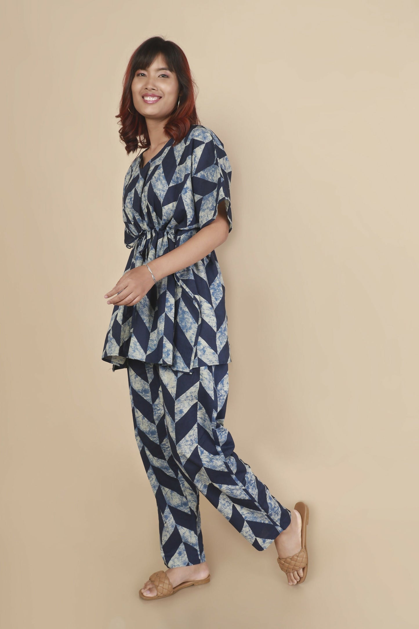 Breathables Women’S Loungewear Kaftan Cotton Blue Abstract Print Co-Ord Set