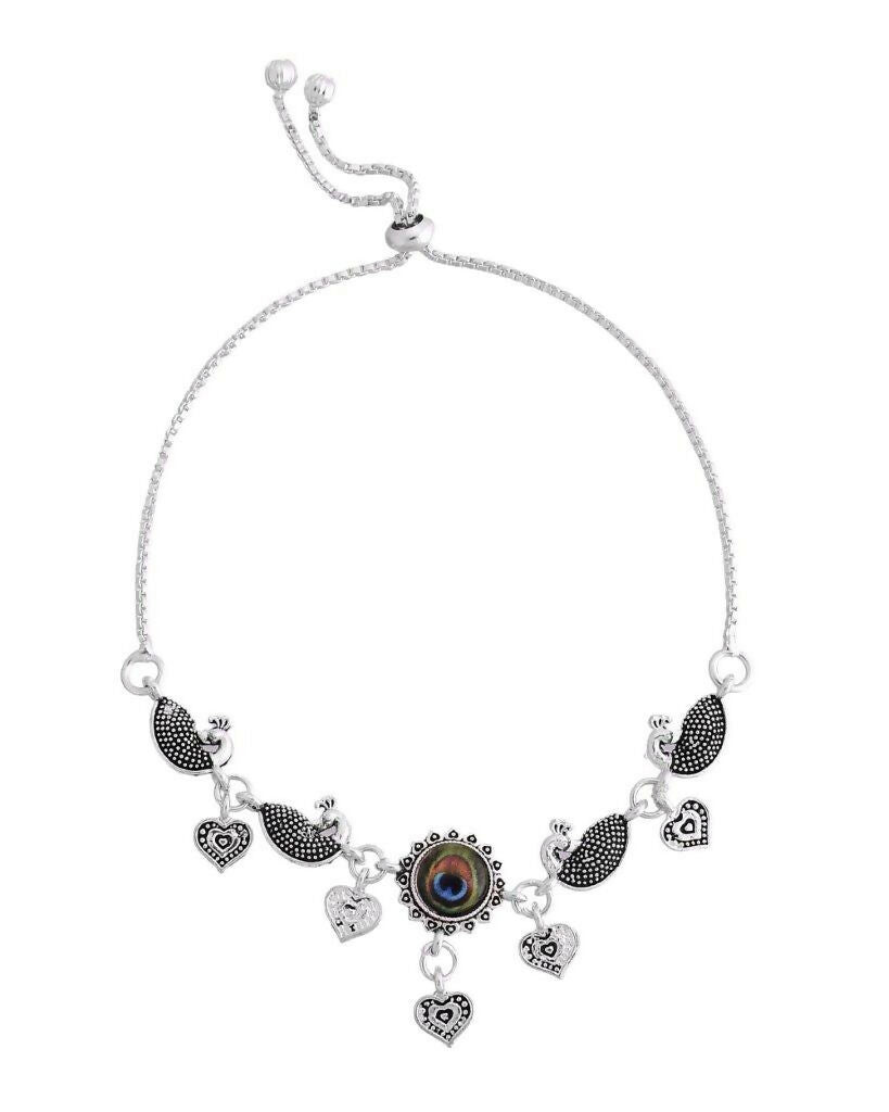 VOJ Set Of 2 Silver Plated Peacock Handcrafted Anklets