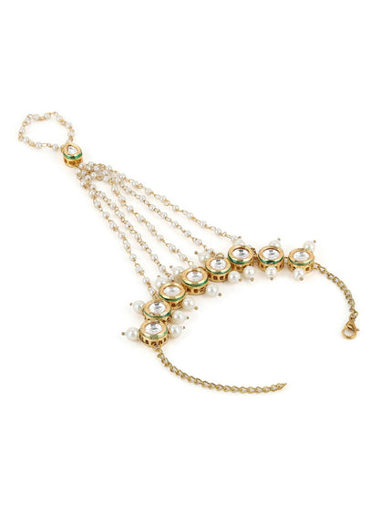 Women's Gold-Toned White Brass Kundan Gold-Polished Link Bracelet - Ruby Raang