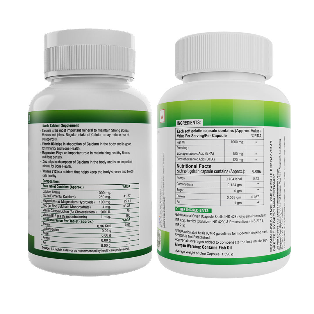 Nveda Combo Pack of Omega 3 Fish Oil & Calcium, Magnesium, Zinc, Vit D & B12 Tablets
