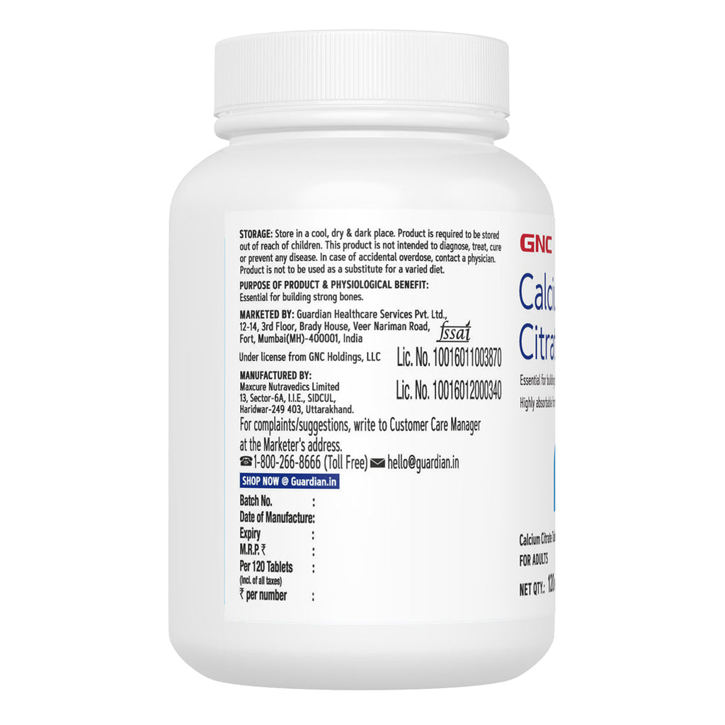GNC Calcium Citrate Vegetarian Capsules – 120 Caps