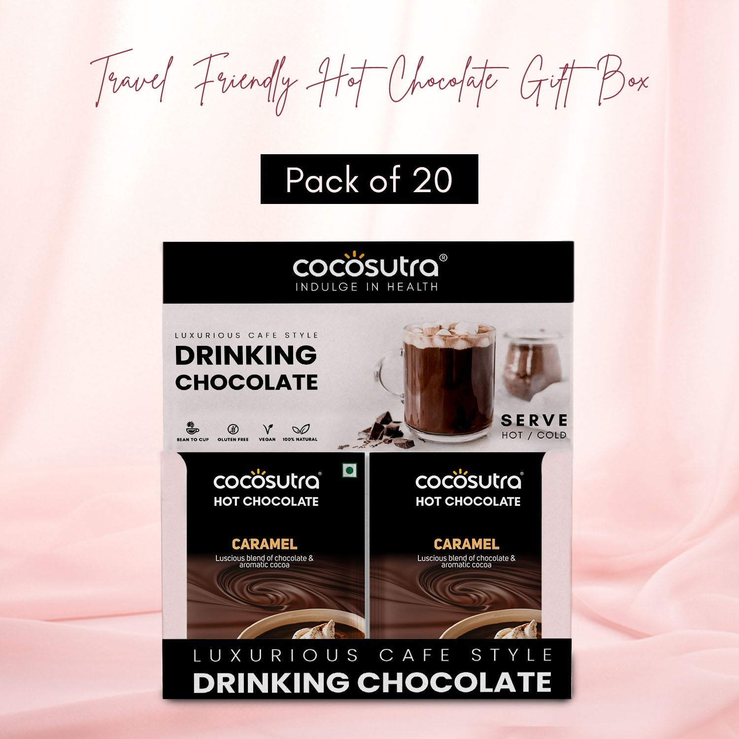 Cocosutra Caramel Hot Chocolate Travel Friendly Gift Hamper 20 Pack - 400 gms