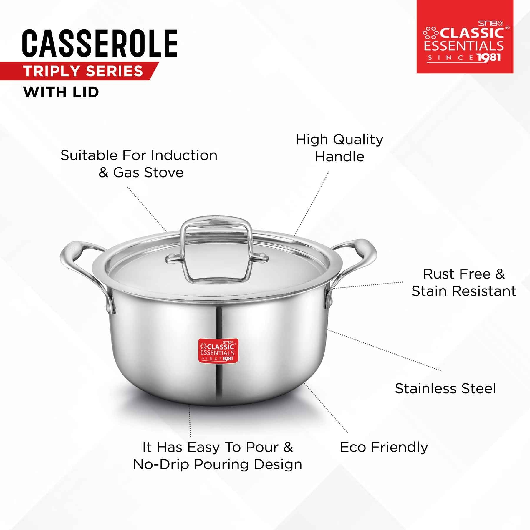 Classic Essentials Triply Stainless Steel Cook & Serve Induction Casserole with Lid 2L