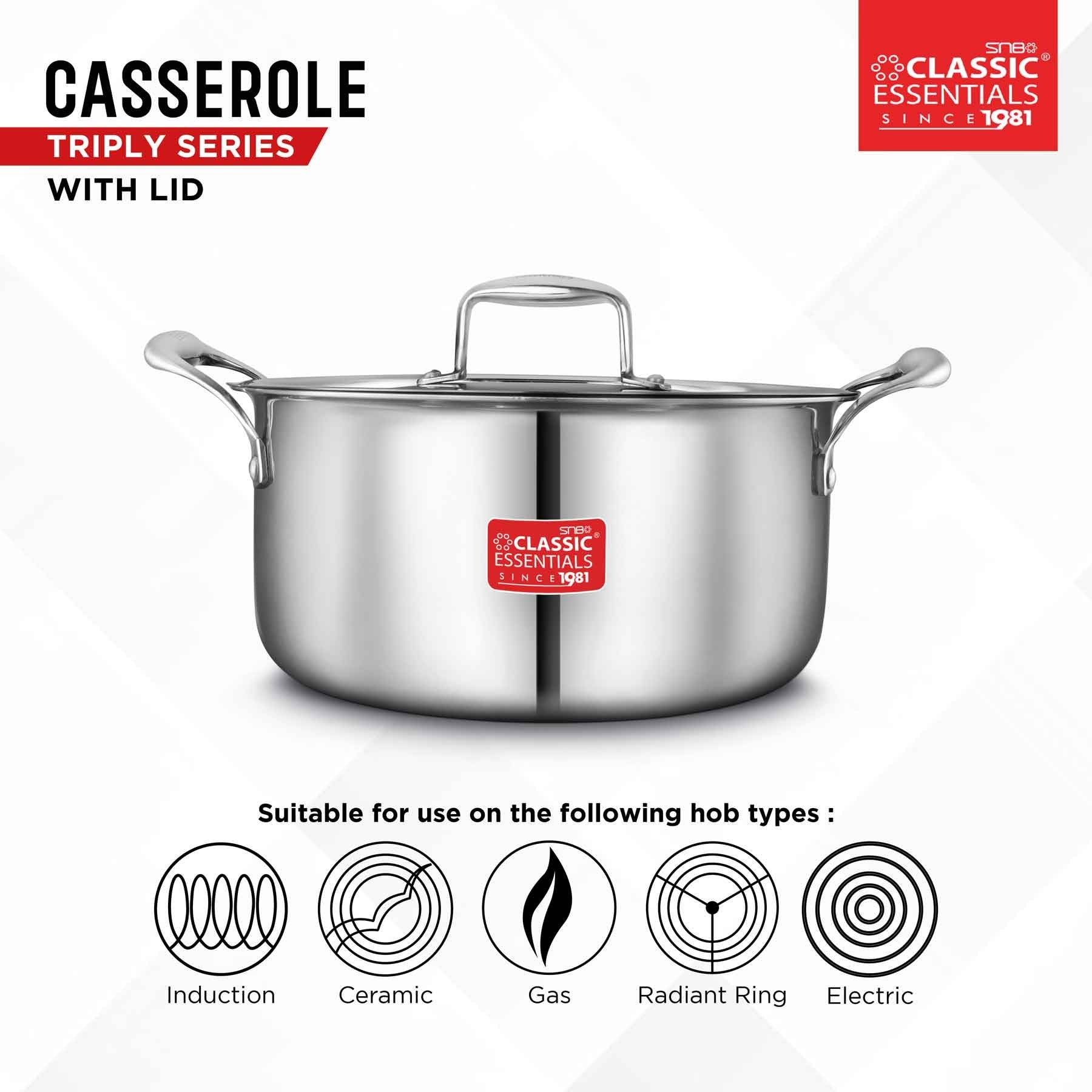 Classic Essentials Triply Stainless Steel Cook & Serve Induction Casserole with Lid 2L