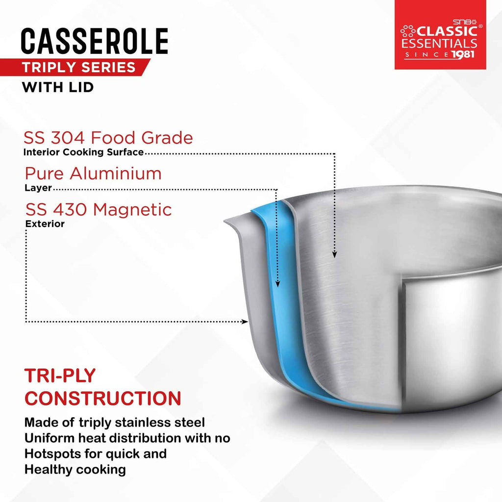 Classic Essentials Triply Stainless Steel Cook & Serve Induction Casserole with Lid 2L
