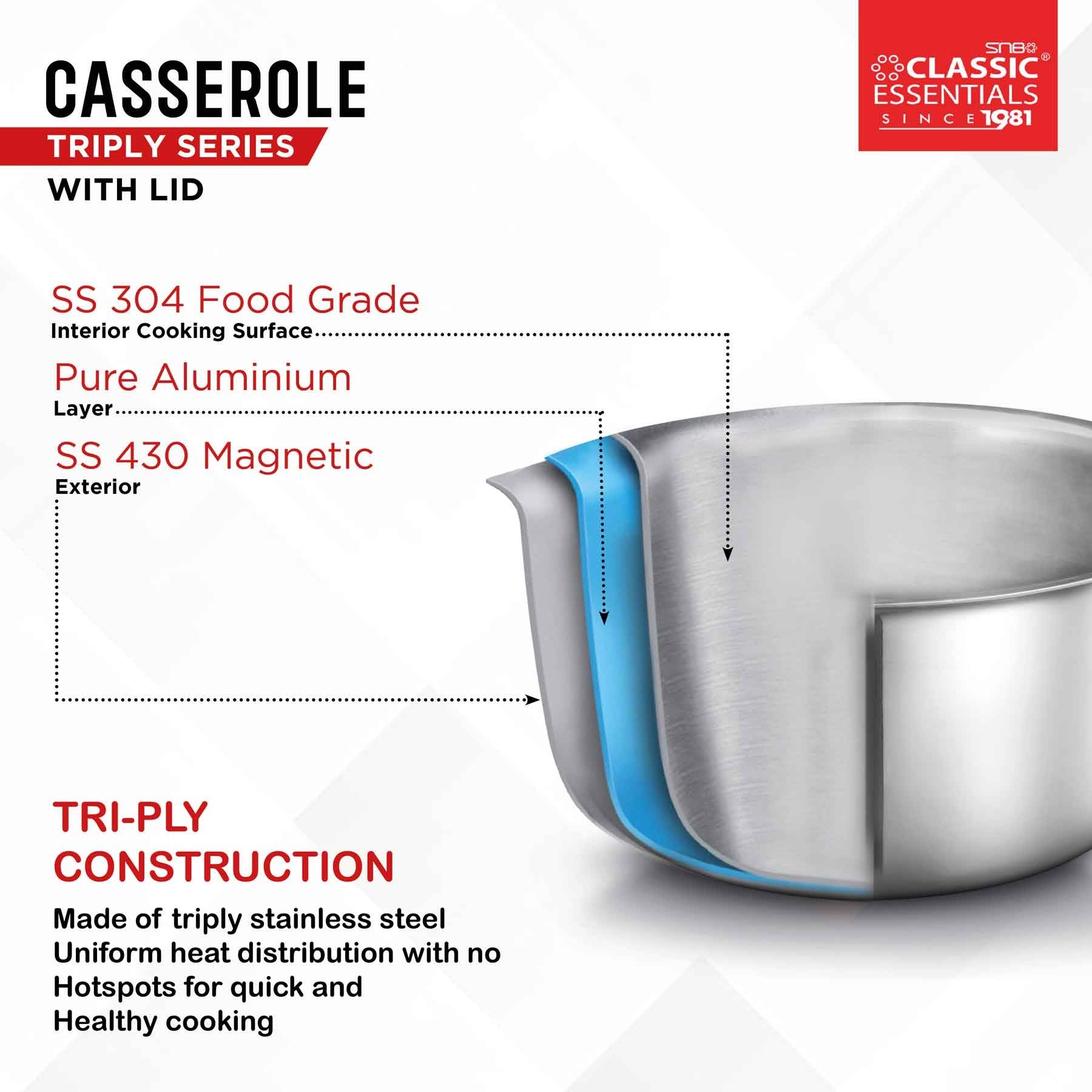 Classic Essentials Triply Stainless Steel Cook & Serve Induction Casserole with Lid 2L