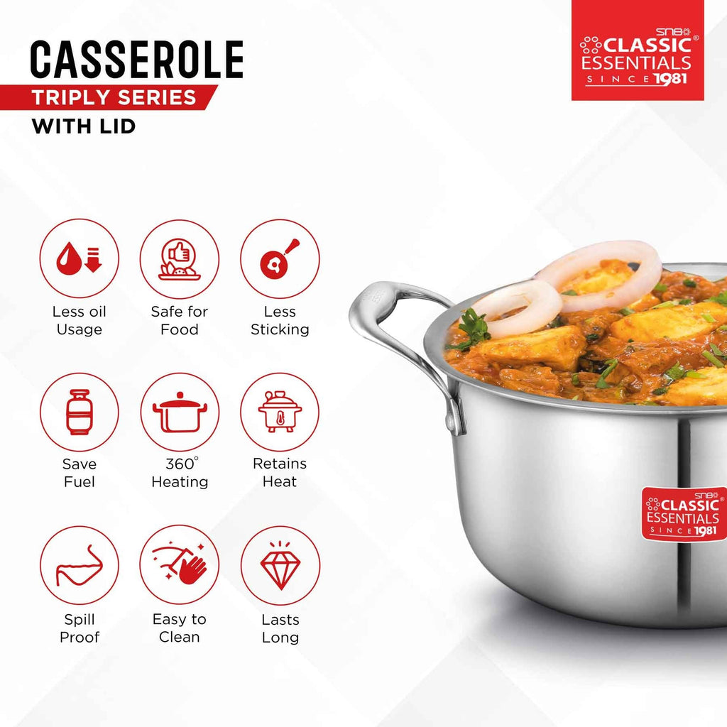 Classic Essentials Triply Stainless Steel Cook & Serve Induction Casserole with Lid 2L