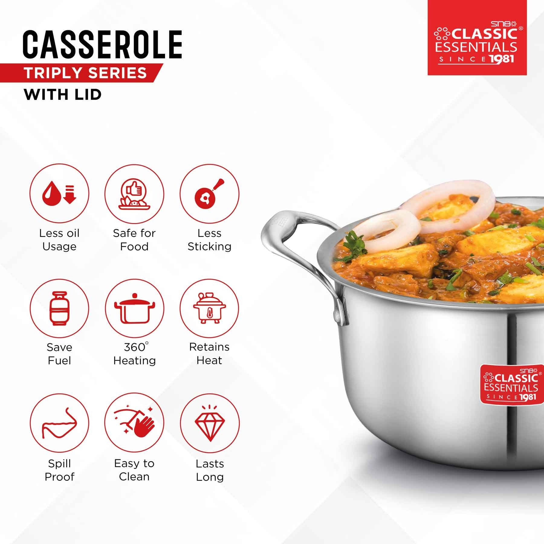 Classic Essentials Triply Stainless Steel Cook & Serve Induction Casserole with Lid 2L