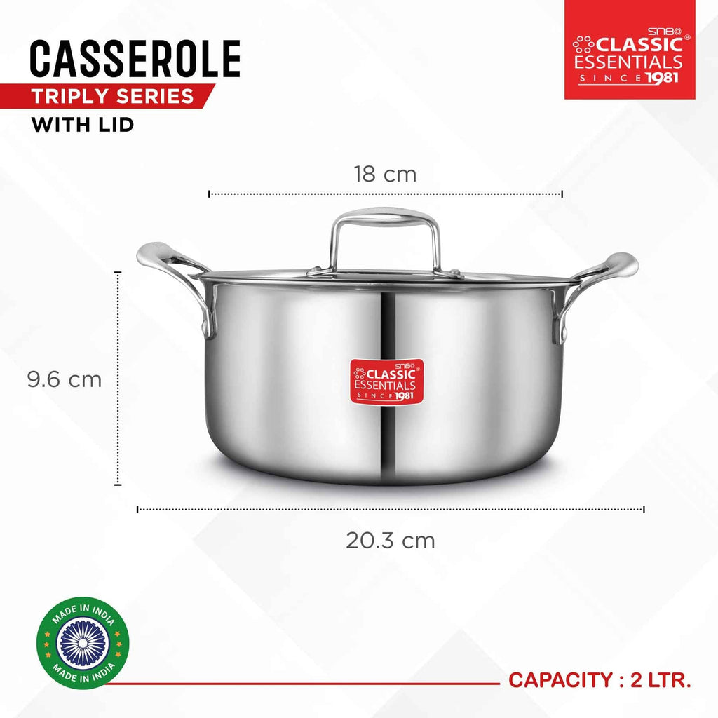 Classic Essentials Triply Stainless Steel Cook & Serve Induction Casserole with Lid 2L