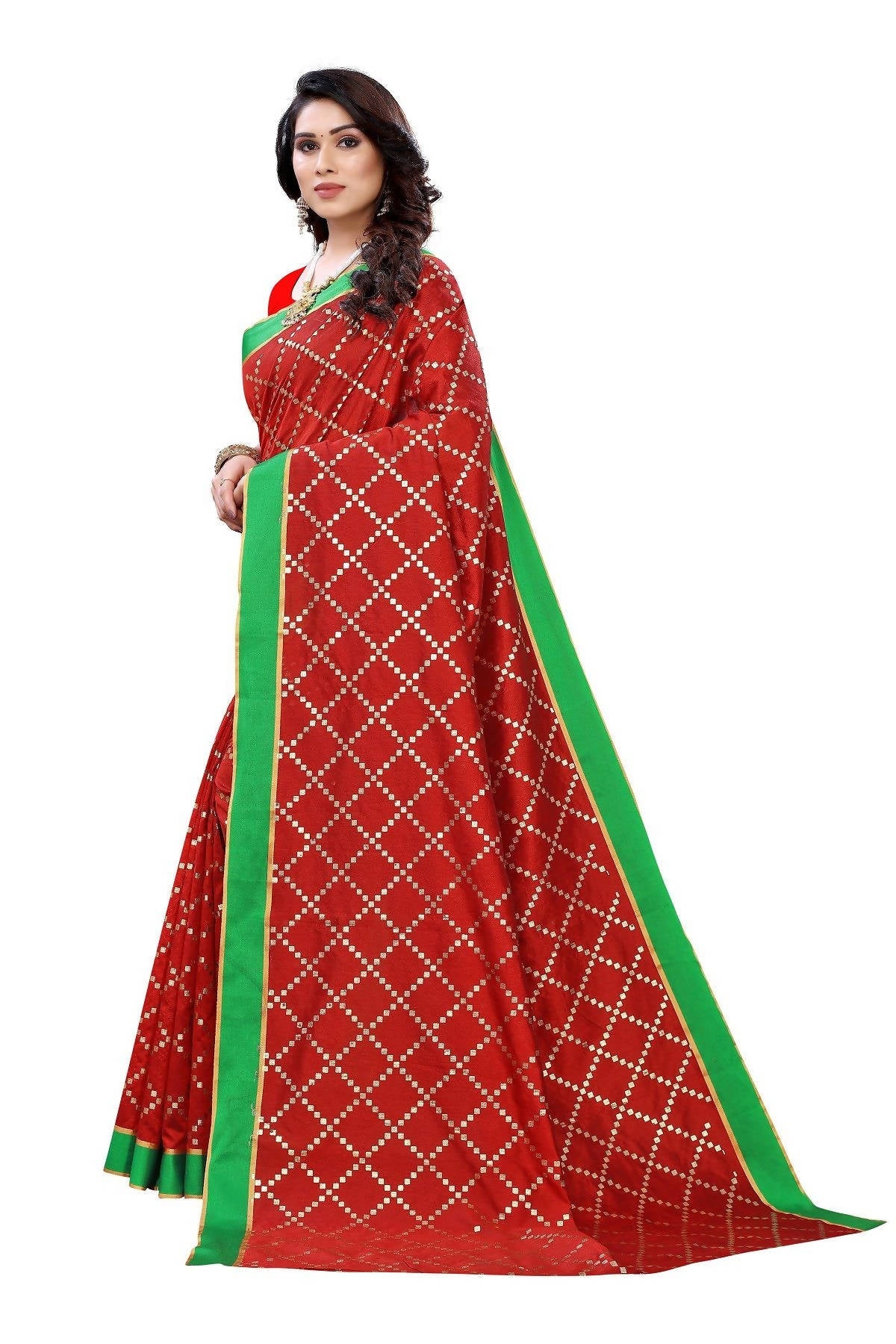 Vamika Red Linen Foil Print Saree (YOGI RED)
