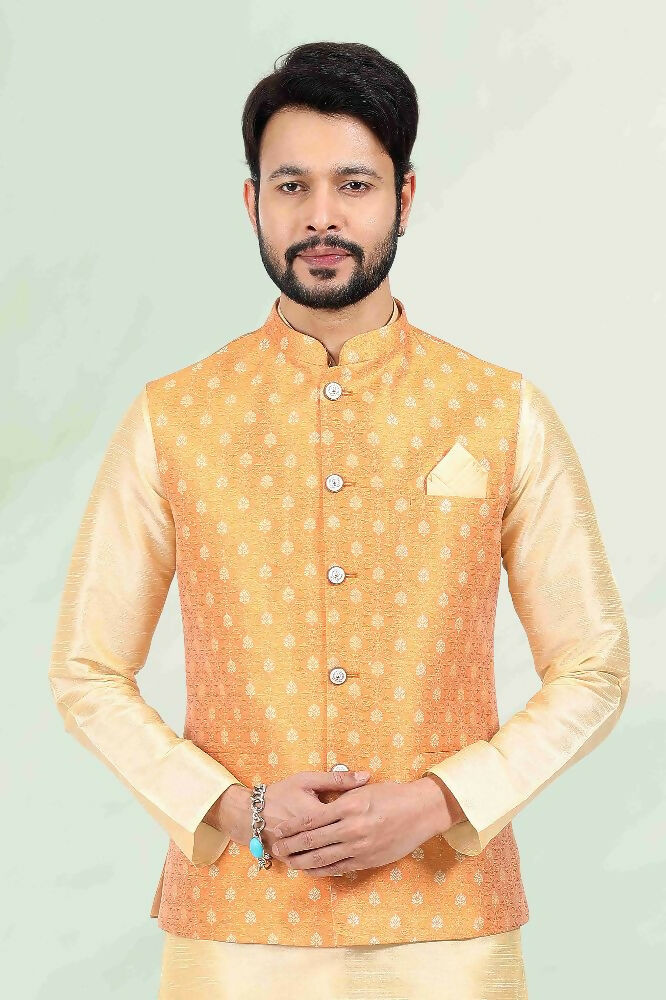 Raivat Ethnic Jacquard Banarasi Silk Woven Work 3 Pics Jacket Set In Mustard Colour