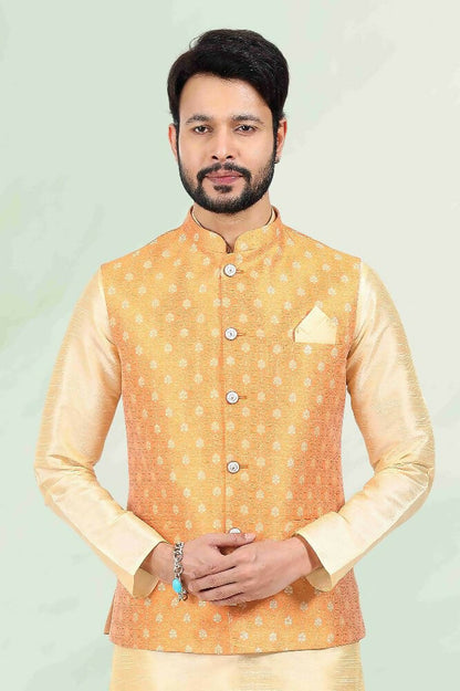 Raivat Ethnic Jacquard Banarasi Silk Woven Work 3 Pics Jacket Set In Mustard Colour