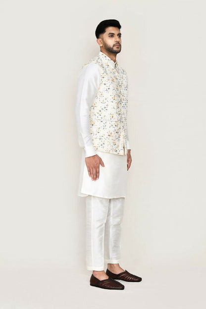 Joban Fashion White Colored Art Silk Fabric Kurta, Jacket With Straight Fit Pant